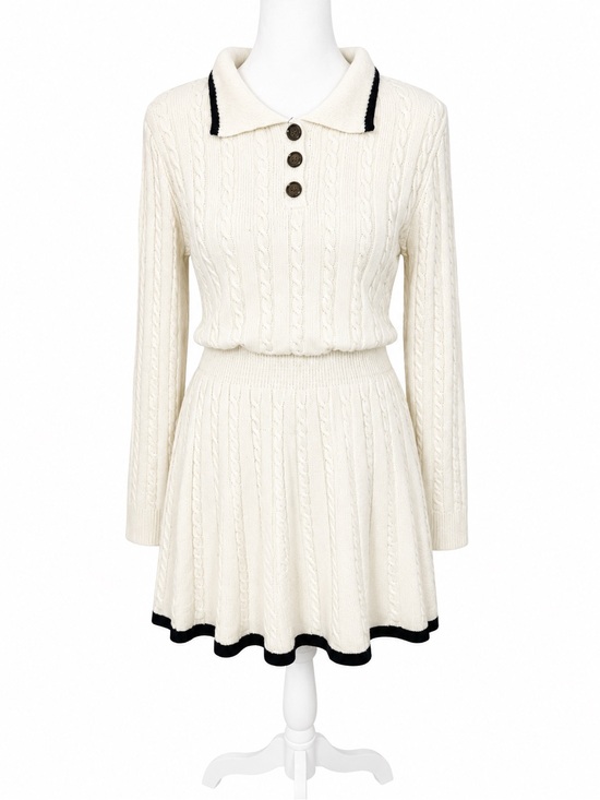 SHEIN Dresses & Skirts - SHEIN Cream Cable-Knit Polo Skater Dress with Black Trim